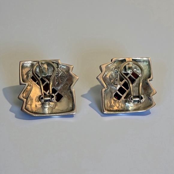Vintage Judith Jack Sterling Silver Garnet Marcasite Geometric Pierced Earrings - Picture 3 of 5